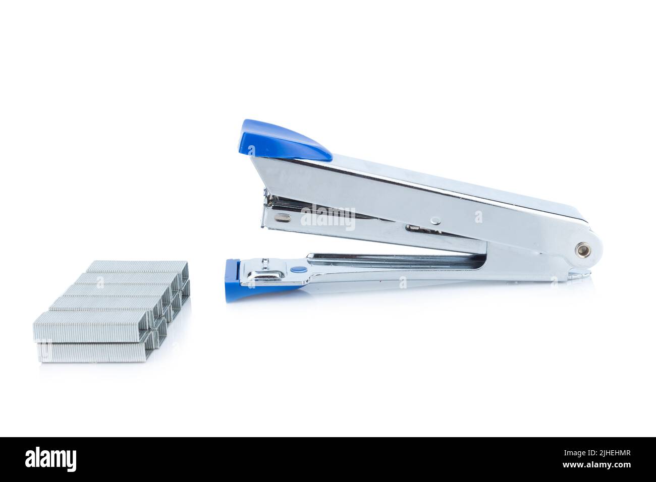 stapler steel color blue and staples isolated on white background Stock