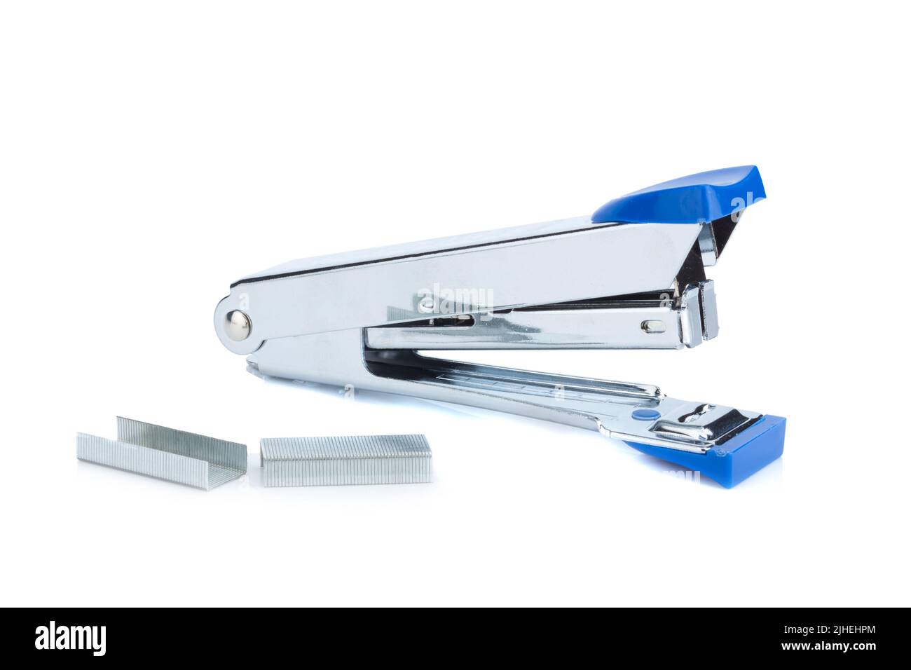 stapler steel color blue and staples isolated on white background Stock