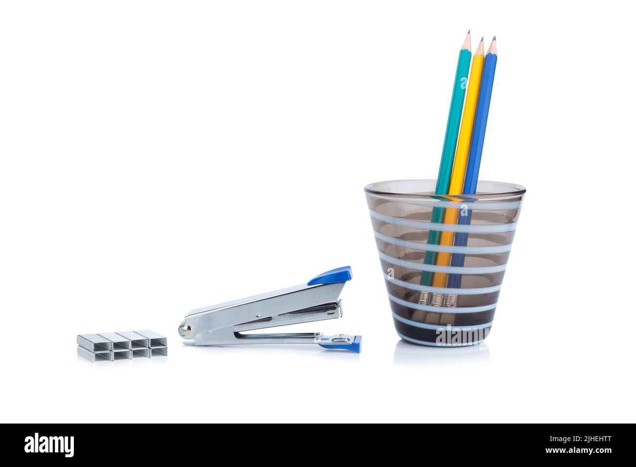 stapler steel color blue. staples.Pencils in the pencil holders