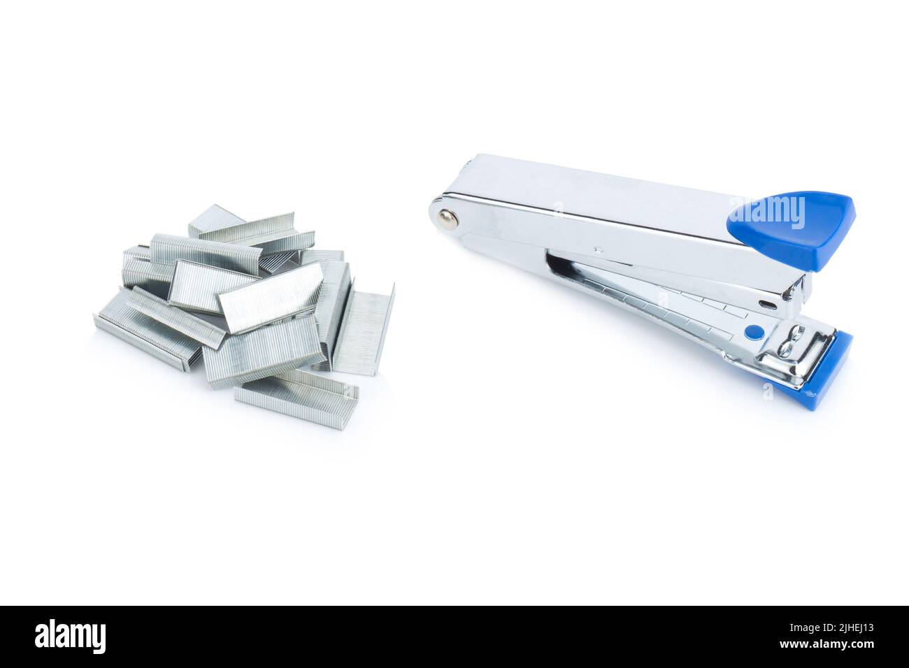 stapler steel color blue and staples isolated on white background Stock