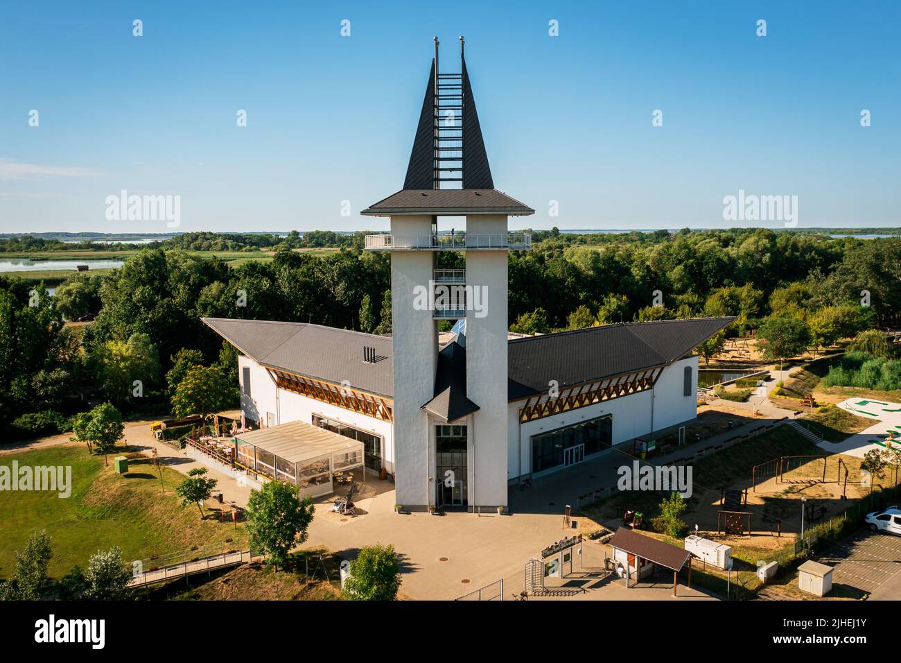 Turistical eco center of lake Tisza in Poroszlo city Hungary.  Hight quality aerial view with Poroszlo cityscape. The visitors can get to know Tisza l Stock Photo