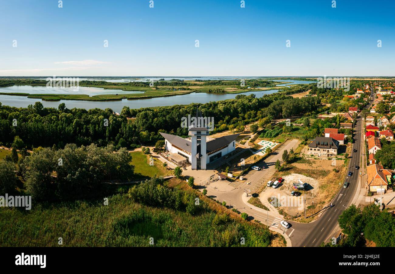 Turistical eco center of lake Tisza in Poroszlo city Hungary.  Hight quality aerial view with Poroszlo cityscape. The visitors can get to know Tisza l Stock Photo