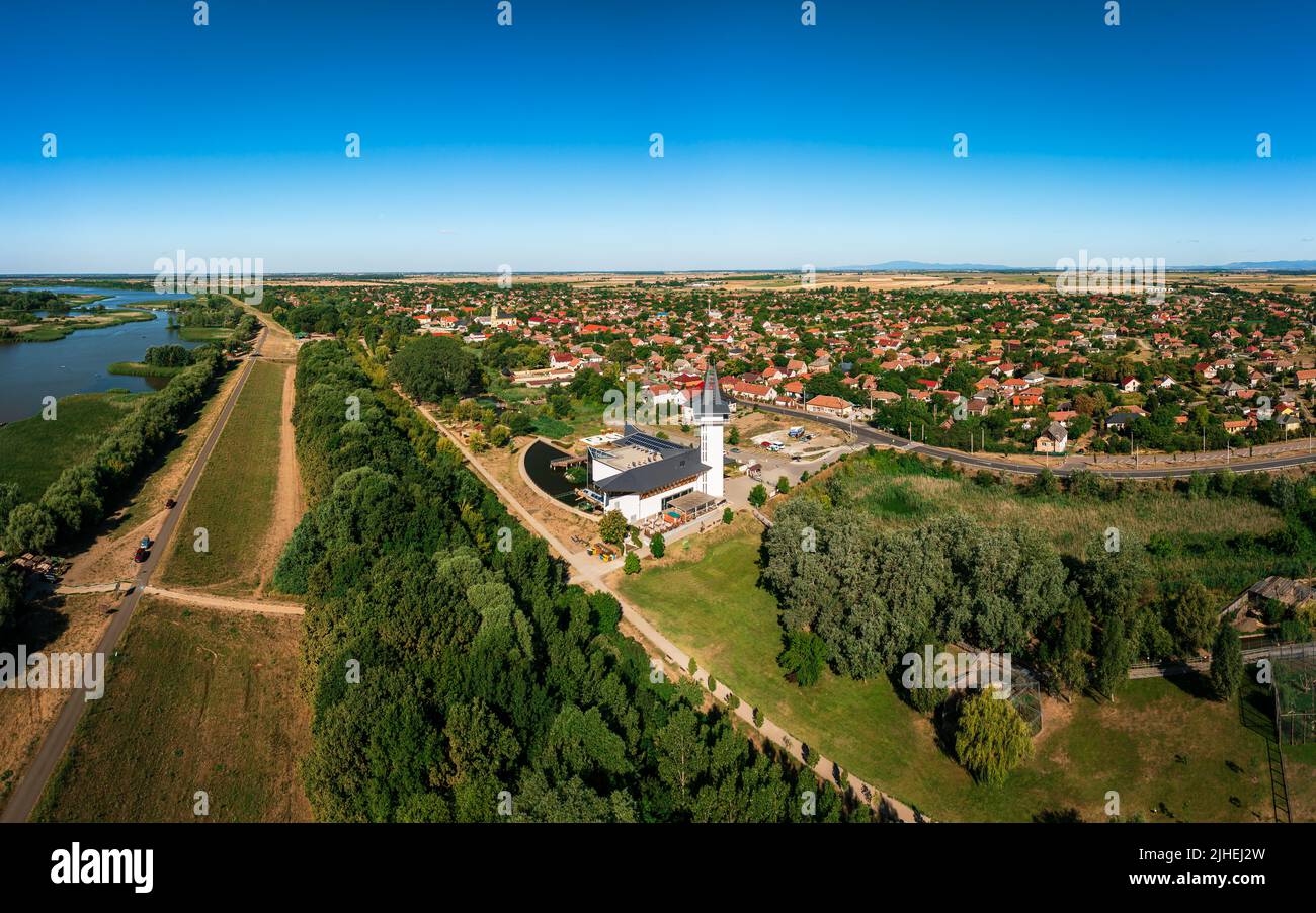 Turistical eco center of lake Tisza in Poroszlo city Hungary.  Hight quality aerial view with Poroszlo cityscape. The visitors can get to know Tisza l Stock Photo