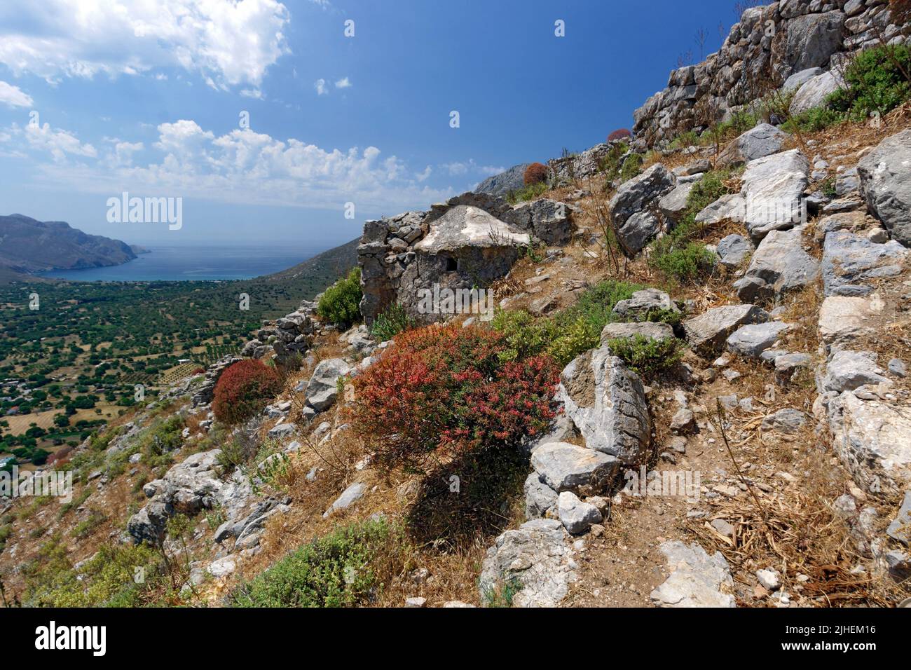 Ancient settlement on hill above Megalo Chorio,  Tilos, Dodecanese islands, Southern Aegean, Greece. Stock Photo