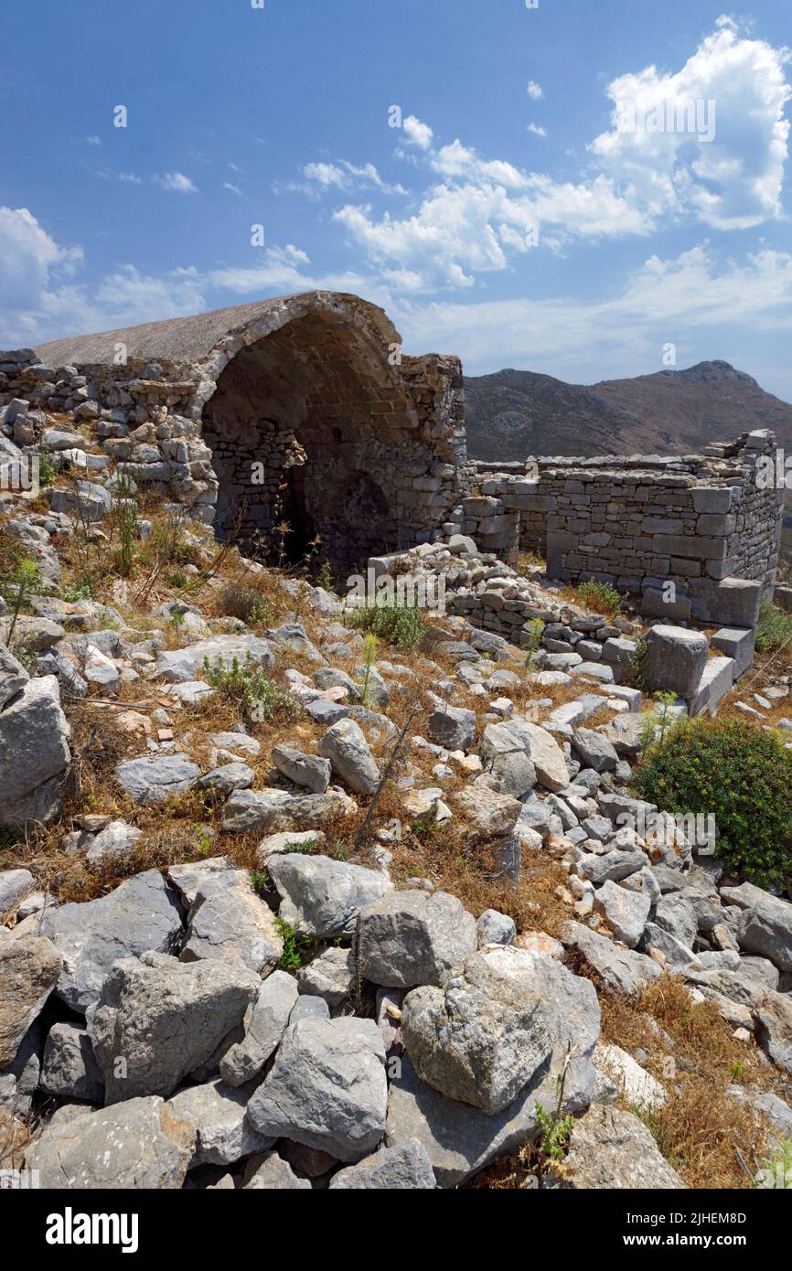 Ancient settlement on hill above Megalo Chorio,  Tilos, Dodecanese islands, Southern Aegean, Greece. Stock Photo