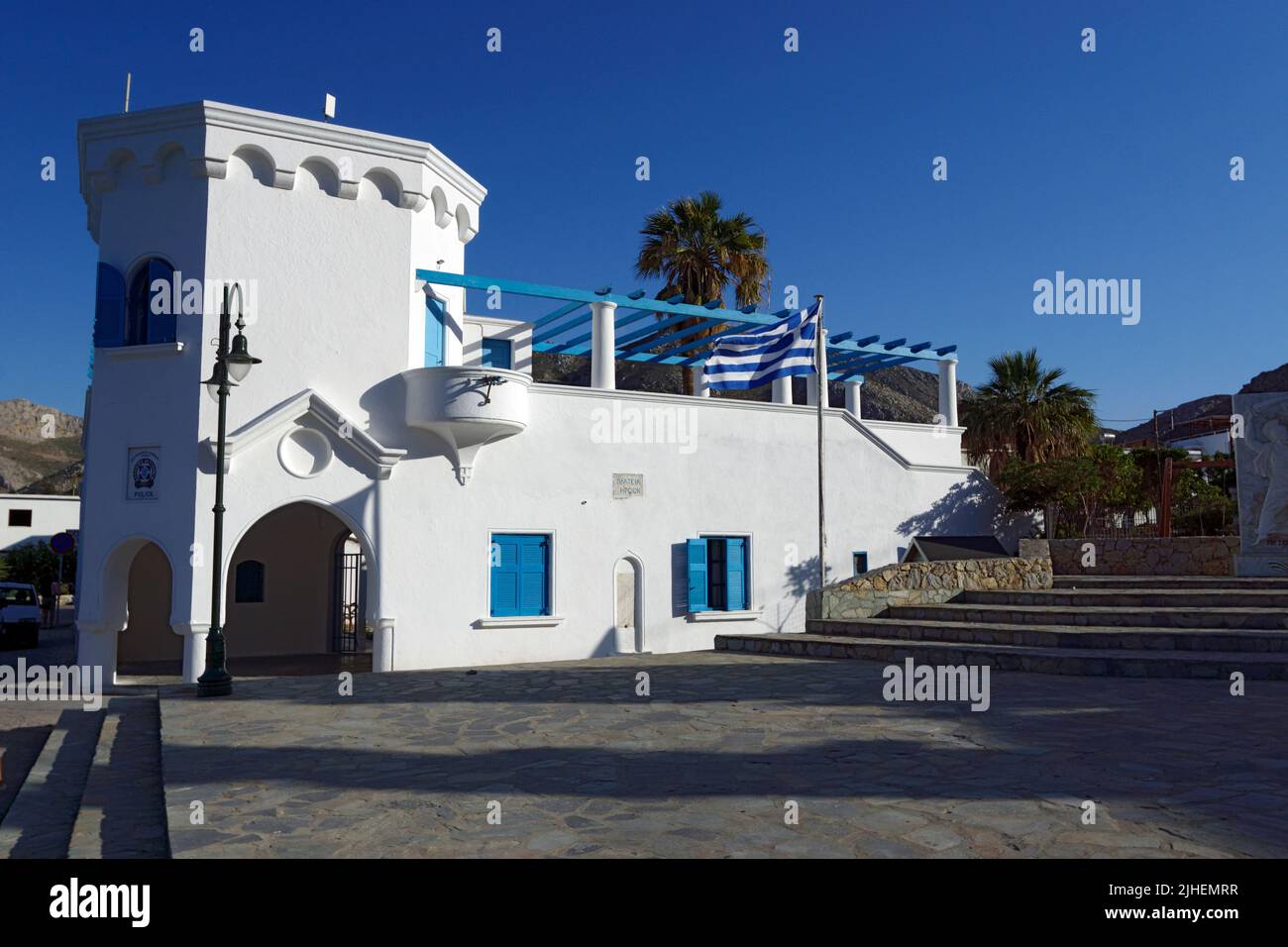 Police Station, built by the Italians during the occupation in the razionalismo style, Tilos, Dodecanese islands, Southern Aegean, Greece. Stock Photo
