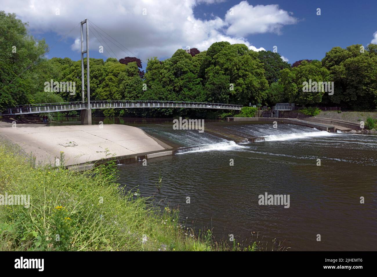 Blackweir suspension bridge and River Taff, Pontcanna Fields, Cardiff, Wales. Stock Photo