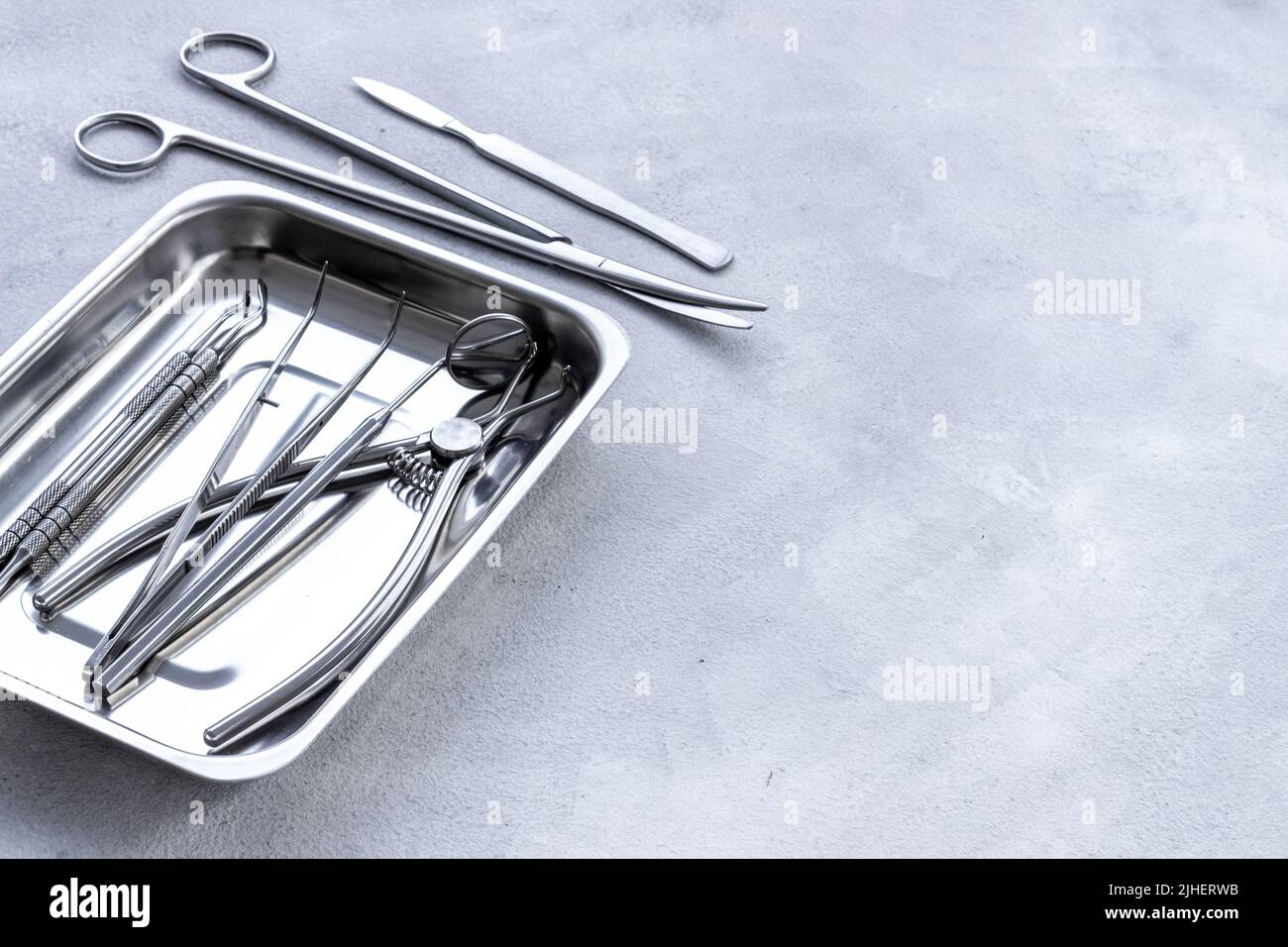 Medical steel equipment for surgery in tray. Healthcare background