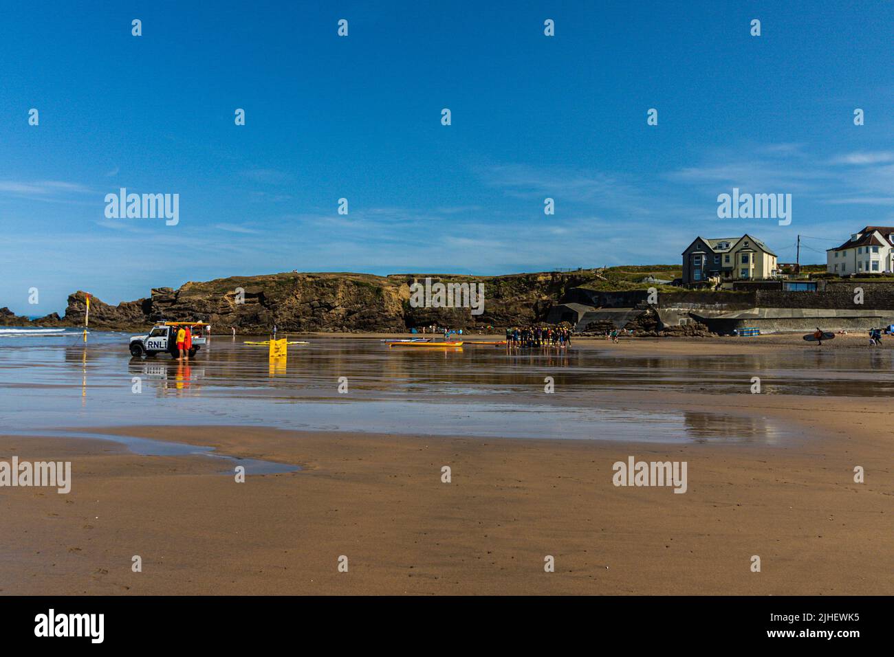 lifeguards at Cooklets Beach at the north end of Bude Cornwall, UK Stock Photo