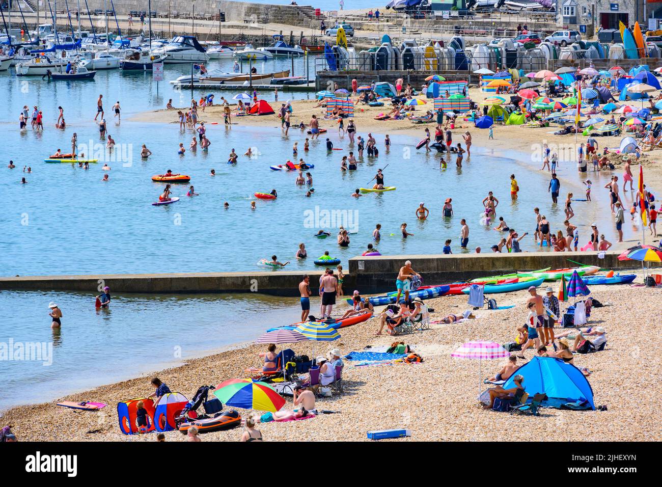 Lyme Regis, Dorset, UK. 18th July, 2022. UK Weather The beach at the