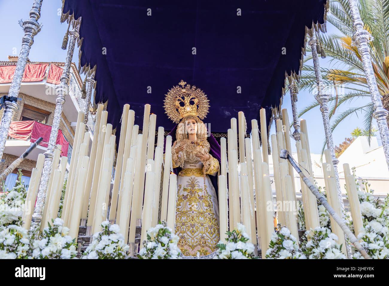 Holy Week Procession of the Paso (Platform or Throne) Our Lady of Calvary, Saint John the Evangelist and Most Holy Mary of Resignation in her Sorrows Stock Photo