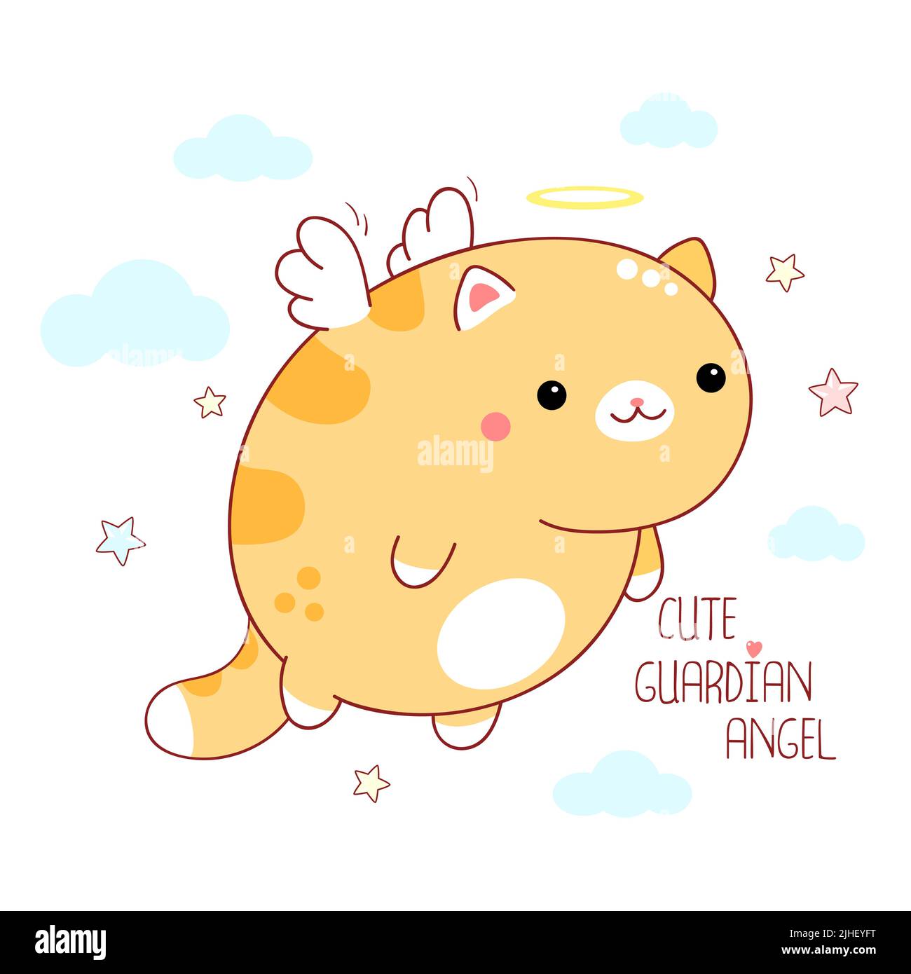 Square card with cute little cat with angel wings and halo. Lovely fat kitten with nimbus. Inscription Cute guardian angel. Vector illustration EPS8 Stock Vector