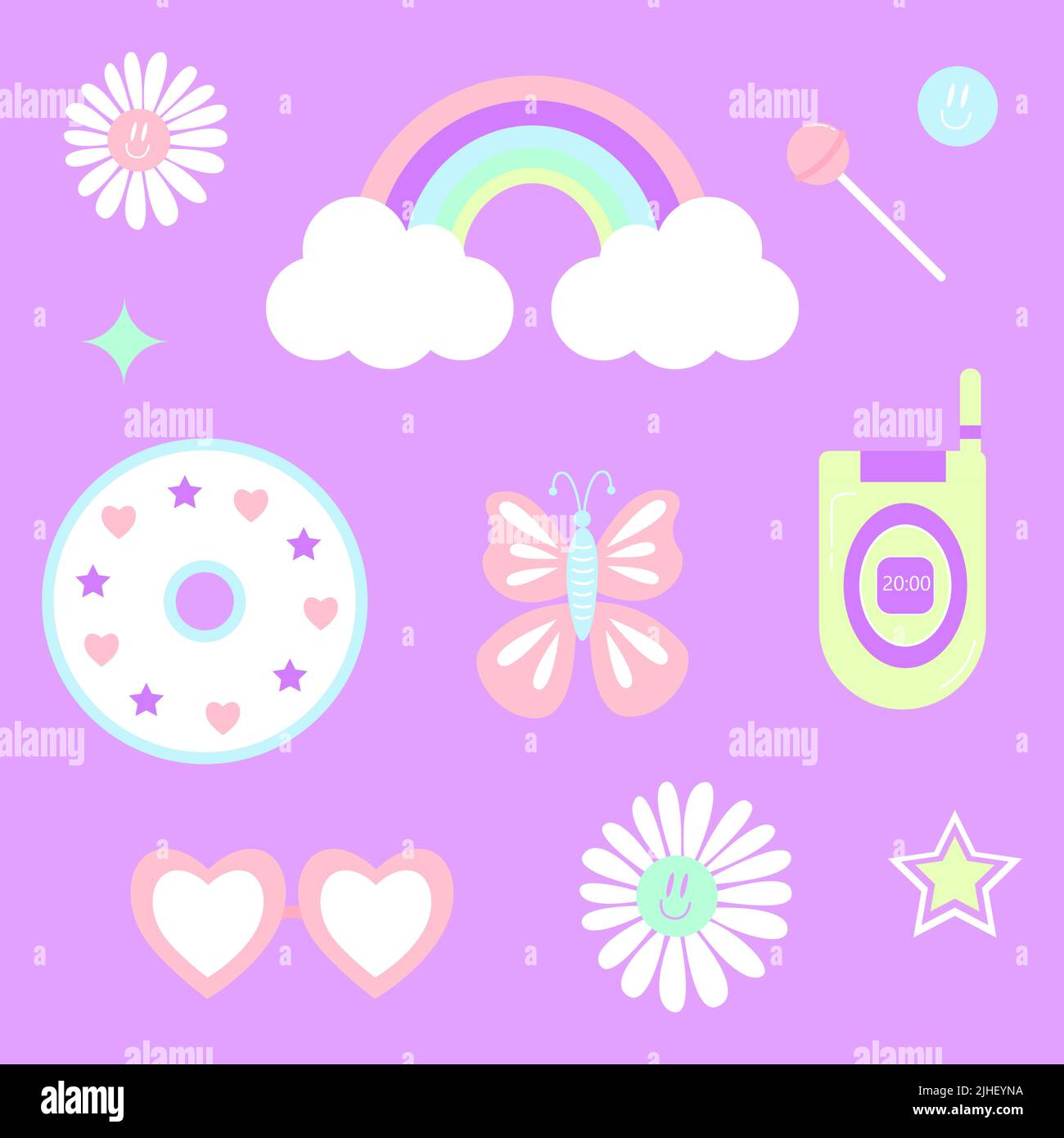 2000 psychedelic set stickers. Trippy daisies, rainbow, lollypop, butterfly, compact disc, old mobile phone, glasses-hearts, stars on purple backgroun Stock Vector