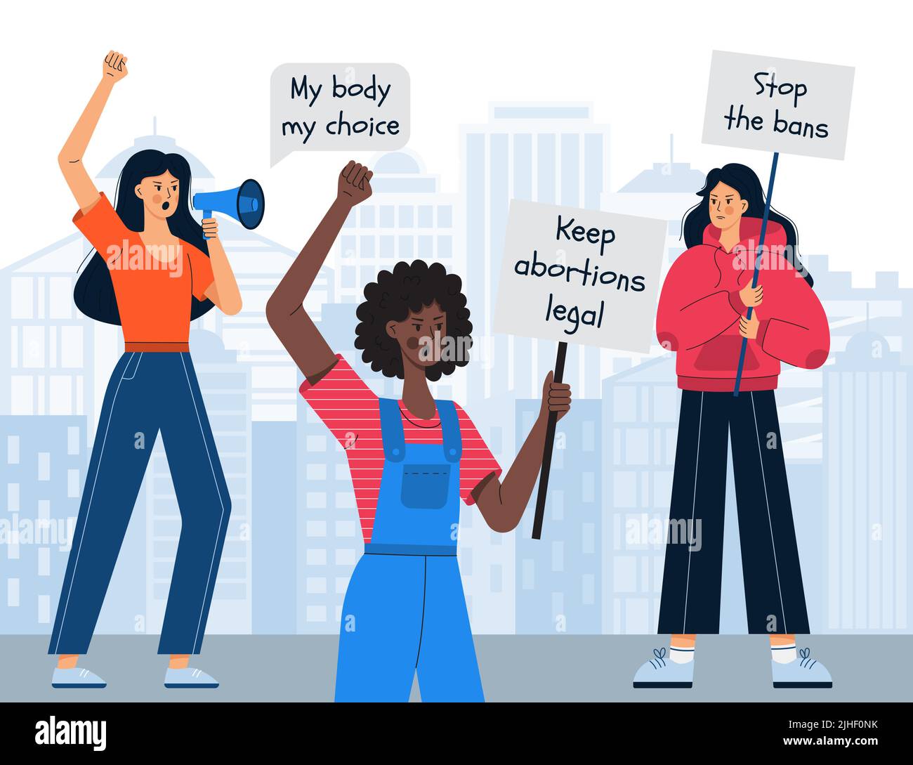 A group of young protesting girls protecting their rights hold signs with the words Keep abortions legal. Women's protest march against abortion ban. Stock Vector