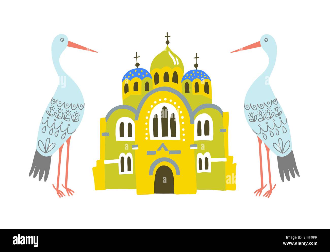 Kyiv Christian temple surrounded by two storks, St. Vladimir's Cathedral Stock Vector