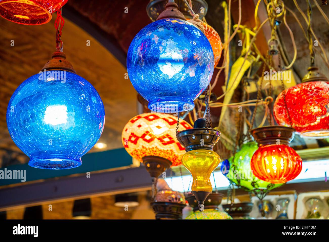 Traditional bright decorative Turkish lamps and colourful lights with