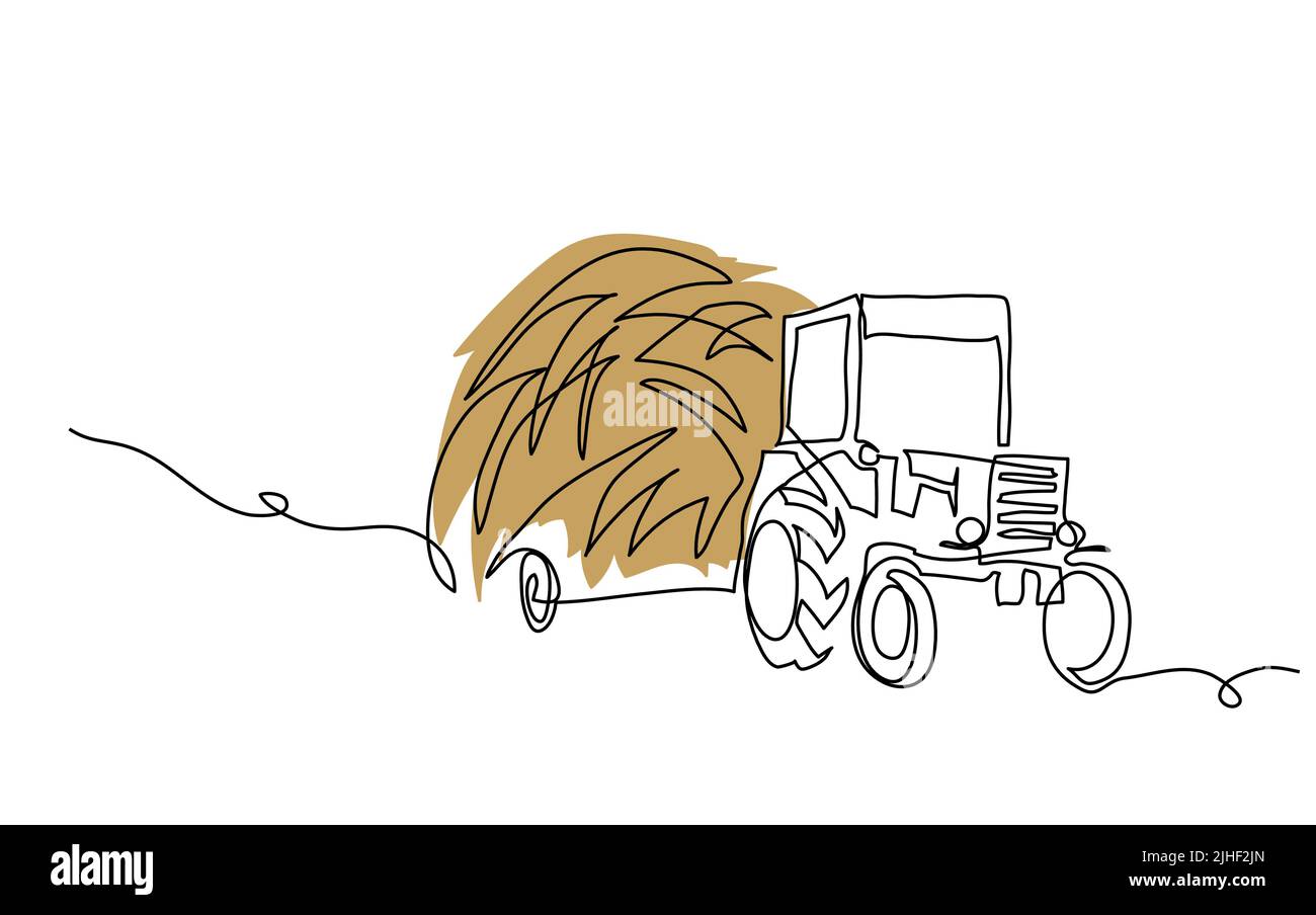 Tractor with hay stack, haycock, straw, thatch. Vector background, banner, poster. One continuous line art drawing illustration of tractor with hay Stock Vector