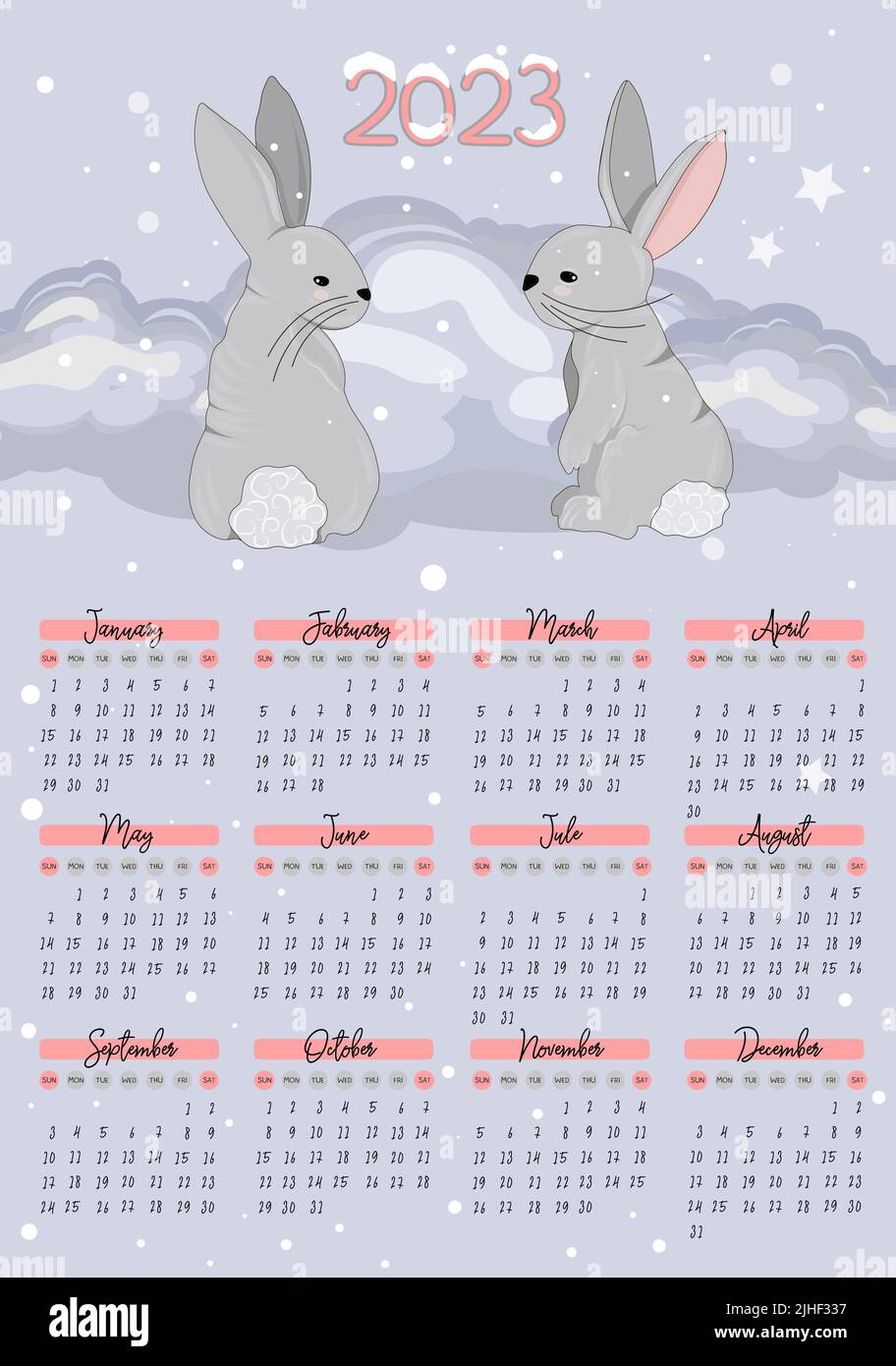 Calendar 2023 with cute rabbits. children's poster. Year of the cat and