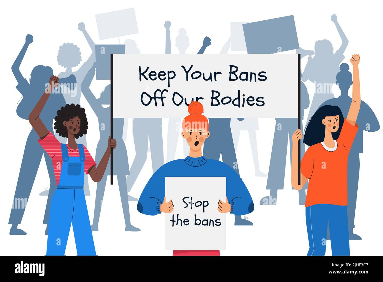 A group of protesting women protecting their rights hold placards with words Keep your bans your bodies. Girls activists against ban of abortion. Fema Stock Vector
