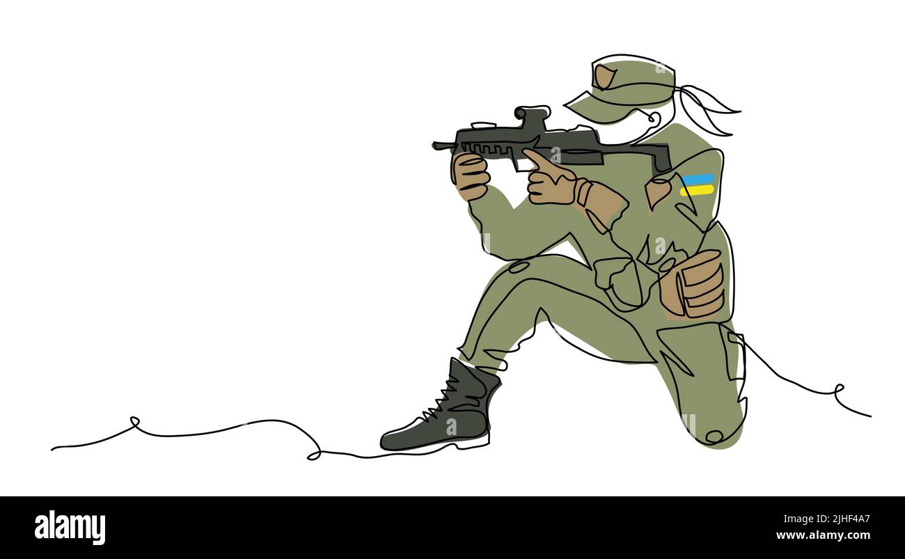ainian soldier girl with weapon. Vector illustration. One continuous line art drawing of soldier girl Stock Vector