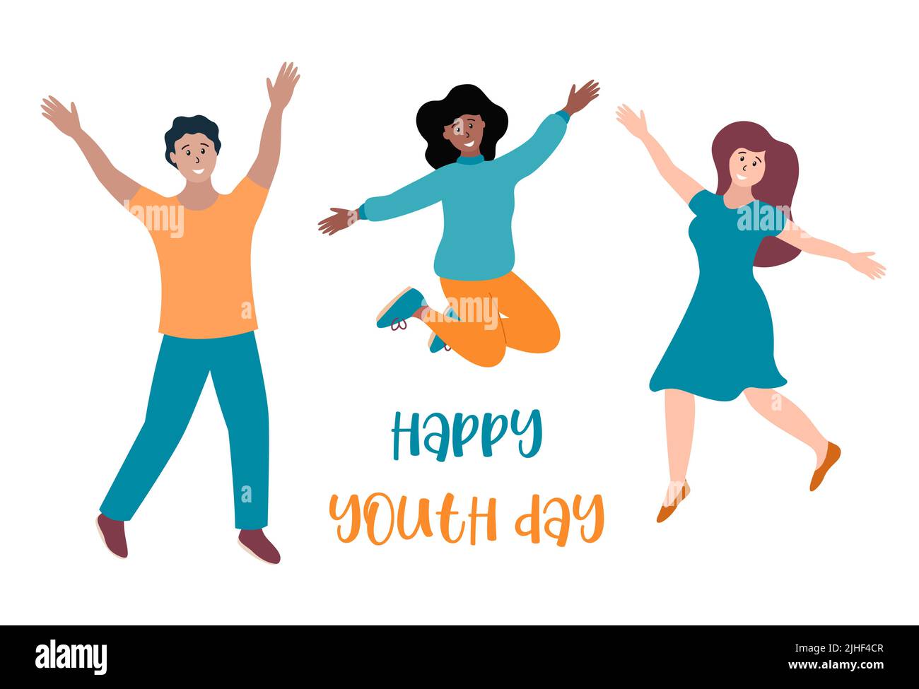 Youth day celebration. Happy young people jumping and smiling. Girls ...