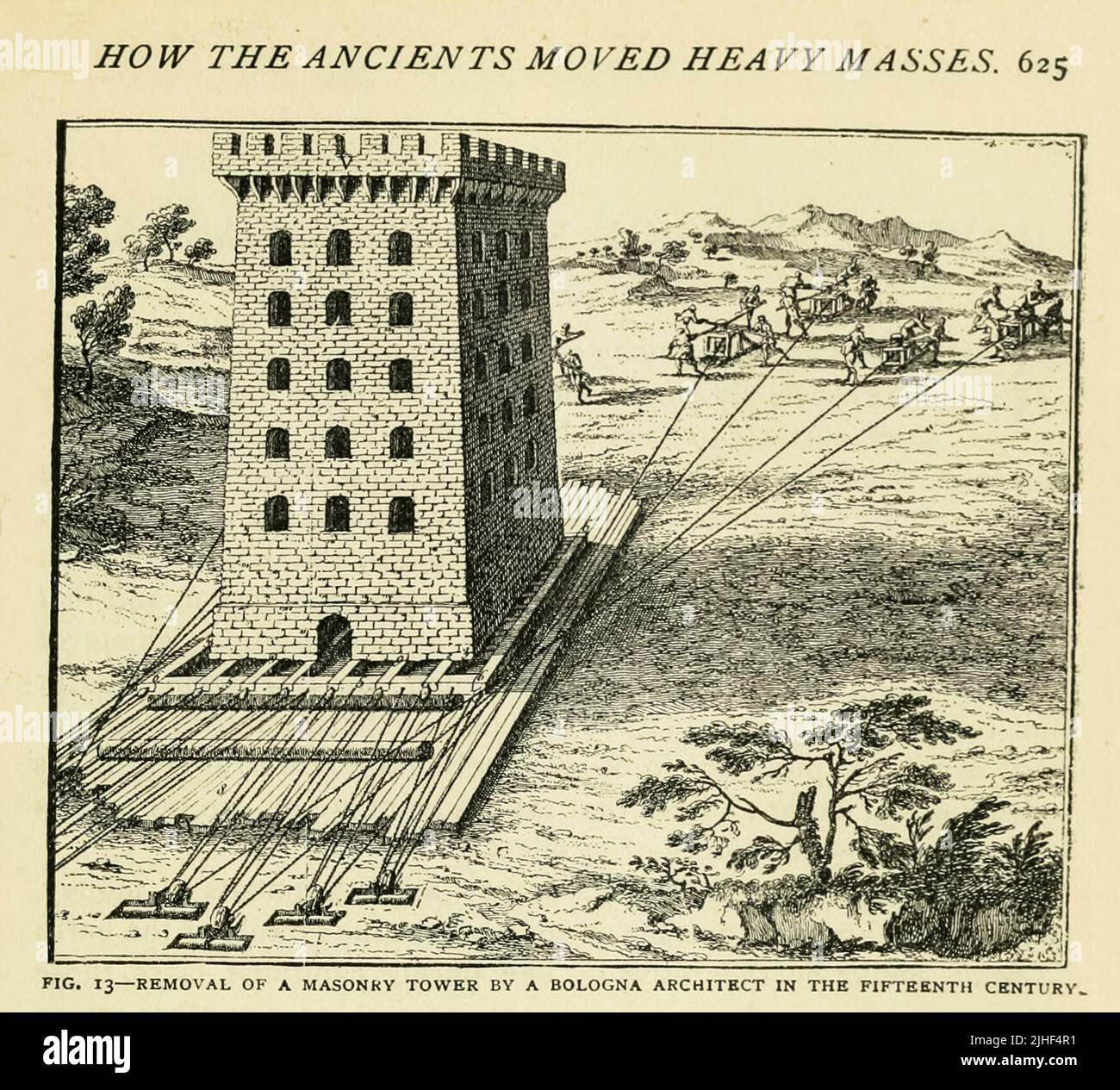Removal of a Masonry Tower by a Bologna Architect in the Fifteenth Century From the Article ' HOW THE ANCIENTS MOVED HEAVY MASSES. ' By  W. F. Durfee, M. Am. Soc. M. E. from Factory and industrial management Magazine Volume 6 1894 Publisher New York [etc.] McGraw-Hill [etc.] Stock Photo