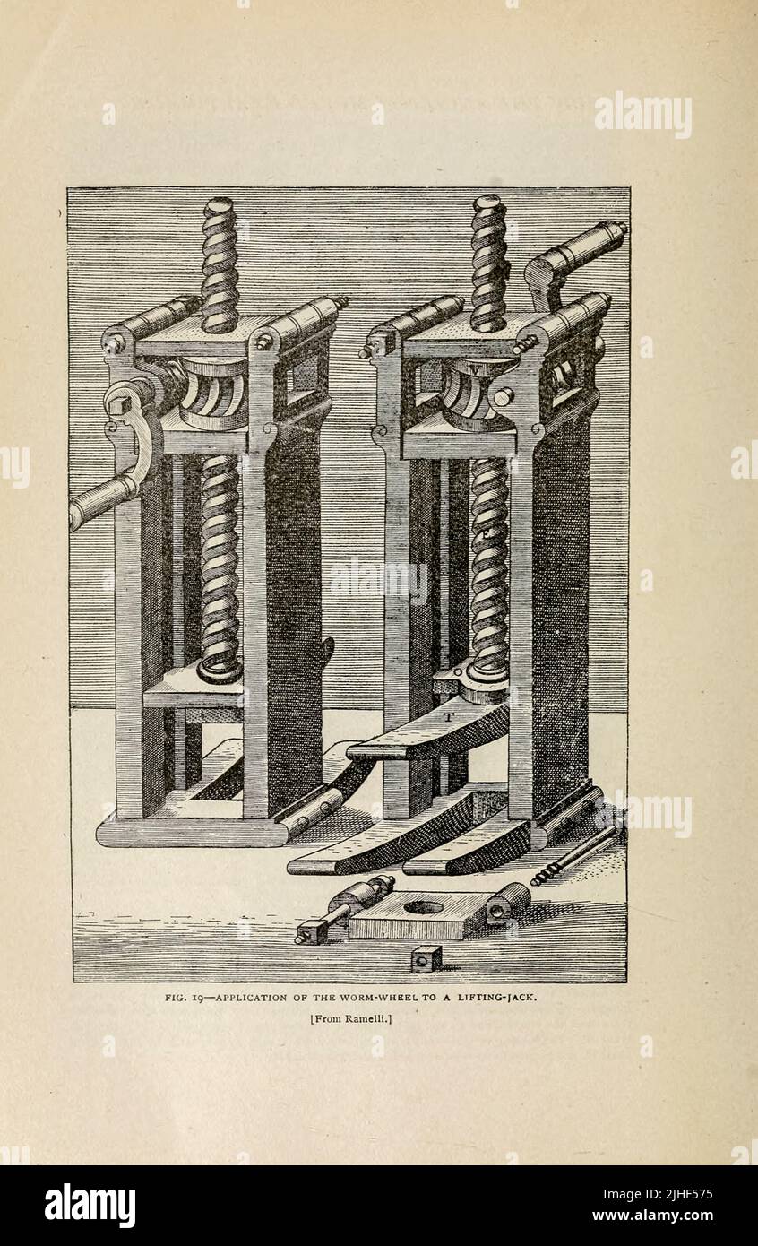 Application of the Worm-Wheel to a Lifting Jack From the Article ' HOW THE ANCIENTS MOVED HEAVY MASSES. ' By  W. F. Durfee, M. Am. Soc. M. E. from Factory and industrial management Magazine Volume 6 1894 Publisher New York [etc.] McGraw-Hill [etc.] Stock Photo