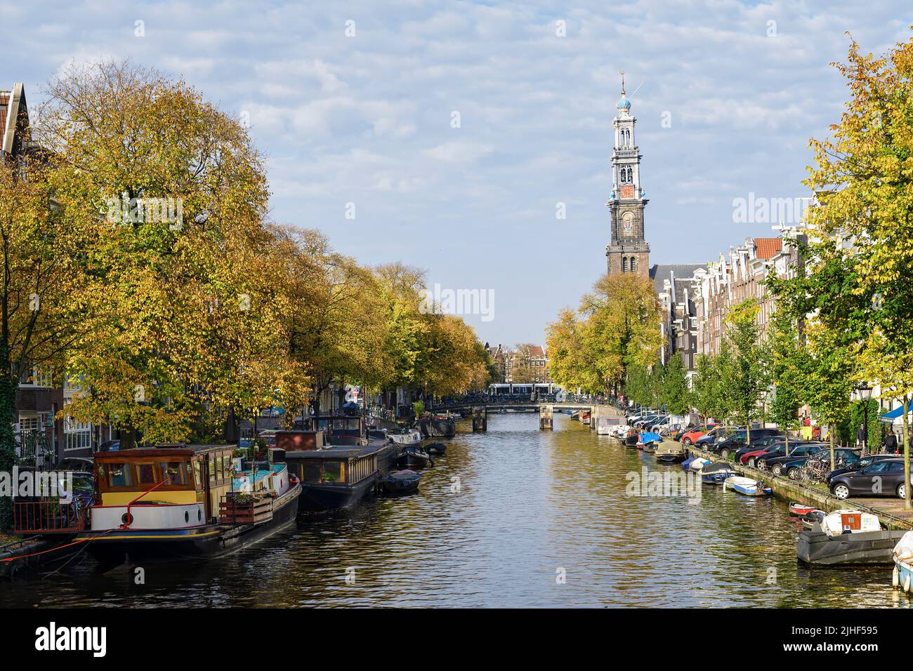 View on the Westertoren along the canals of Amsterdam, the Netherlands. Stock Photo