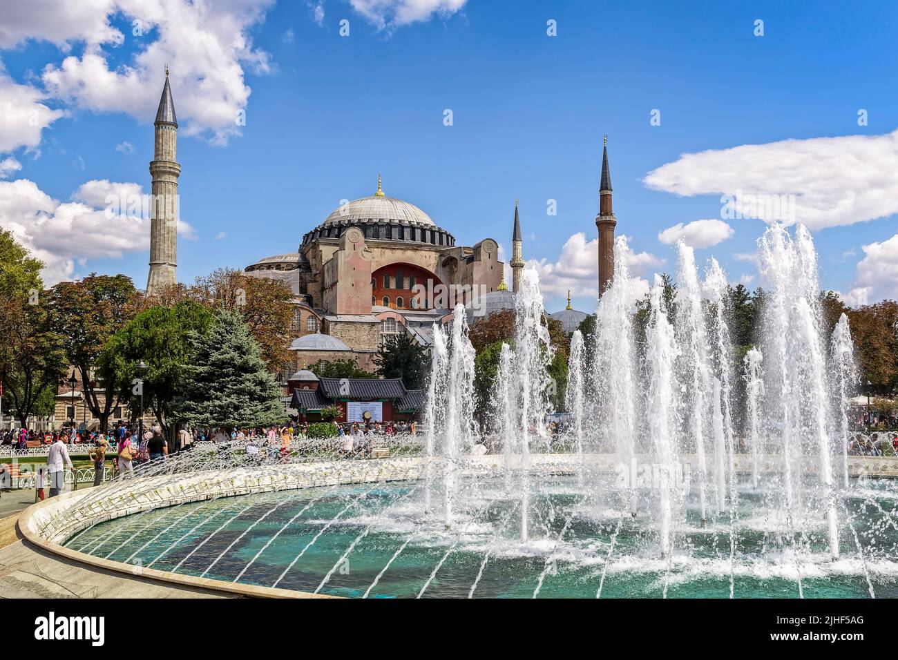 The Aya Sofya or Hagia Sophia as seen from the Sultan Ahmed Park during daytime in Istanbul, Turkey. This former church and mosque is listed as a UNES Stock Photo