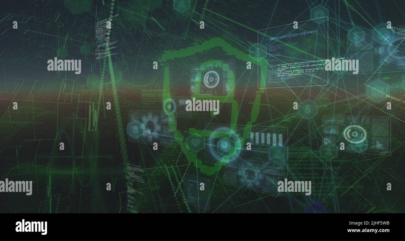 Image of data processing and security padlock over dark background ...