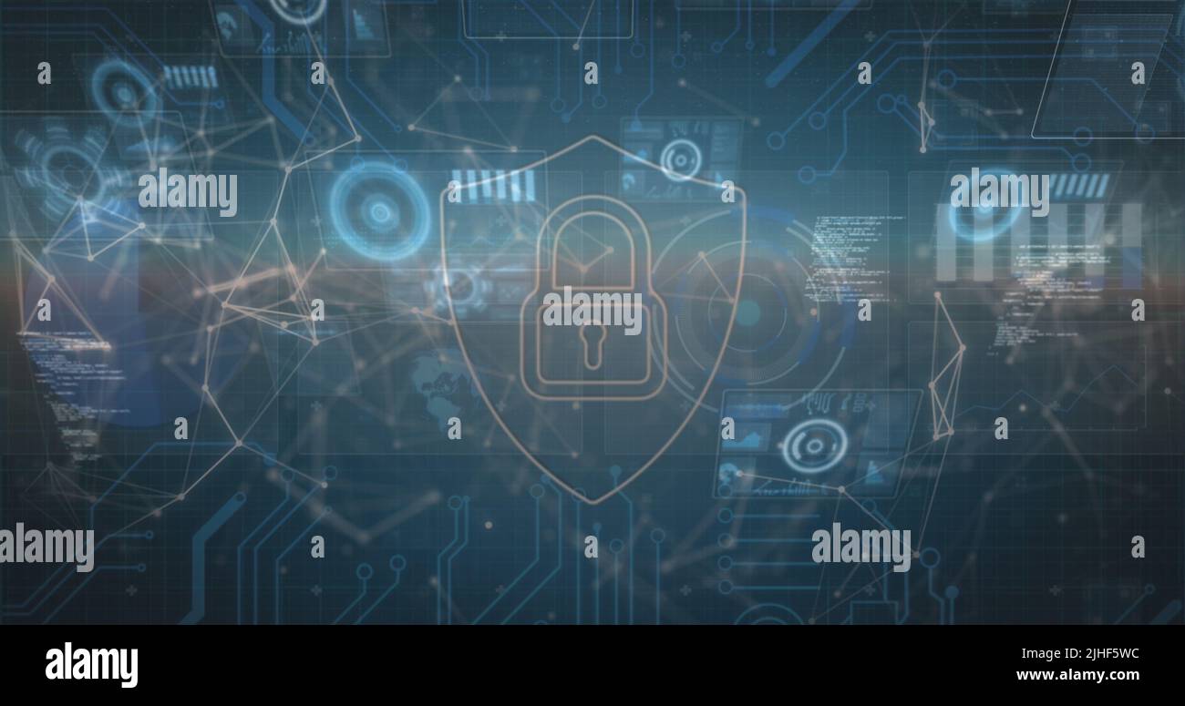 Image of data processing and security padlock over blue background ...