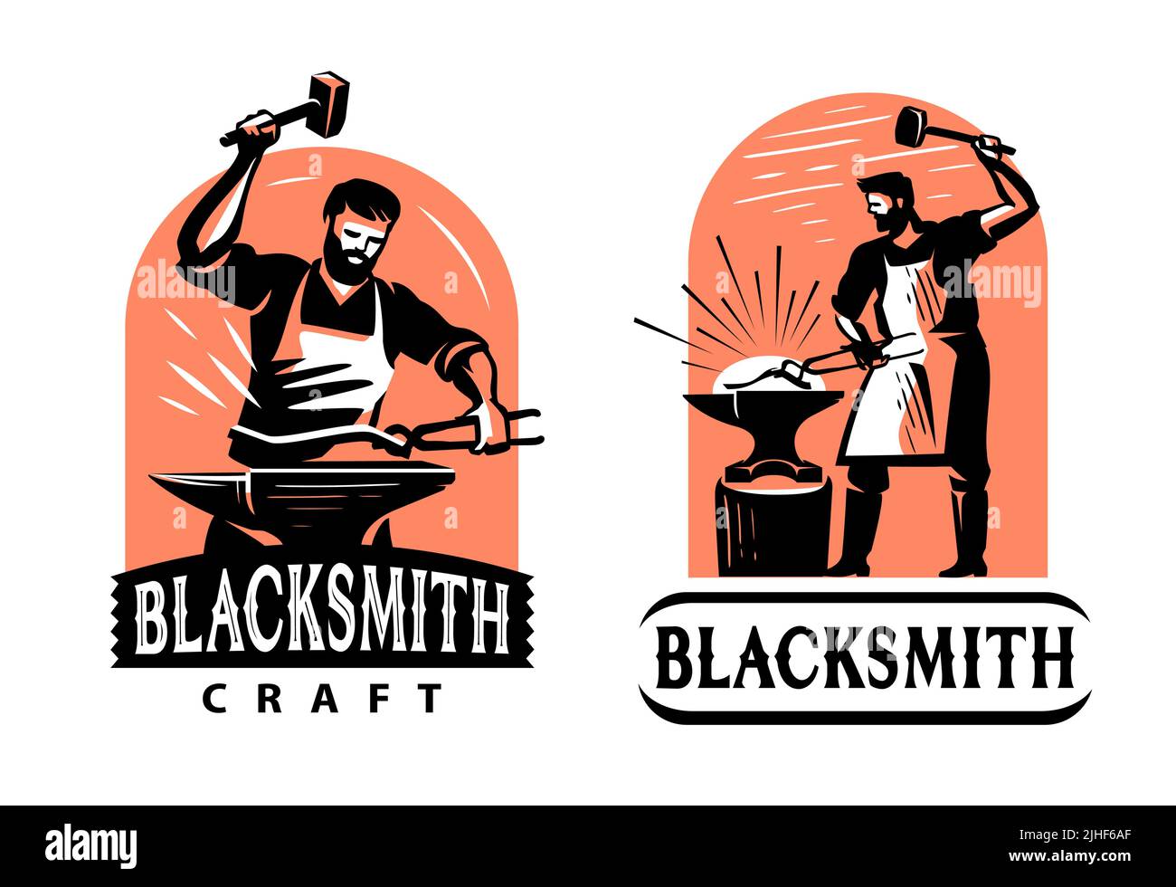 Blacksmith with hammer and anvil logo. Blacksmith shop, workshop, handicraft emblem badge. Vintage vector illustration Stock Vector