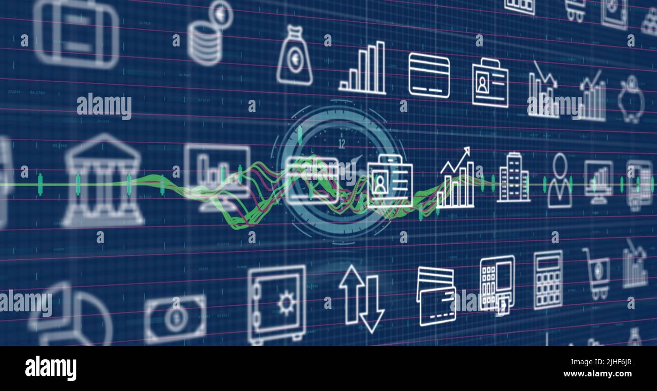 Image of icons over clock and data processing Stock Photo