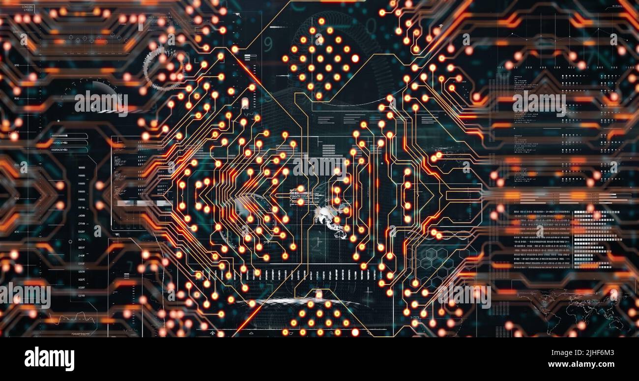 Image of computer circuit board over data processing Stock Photo