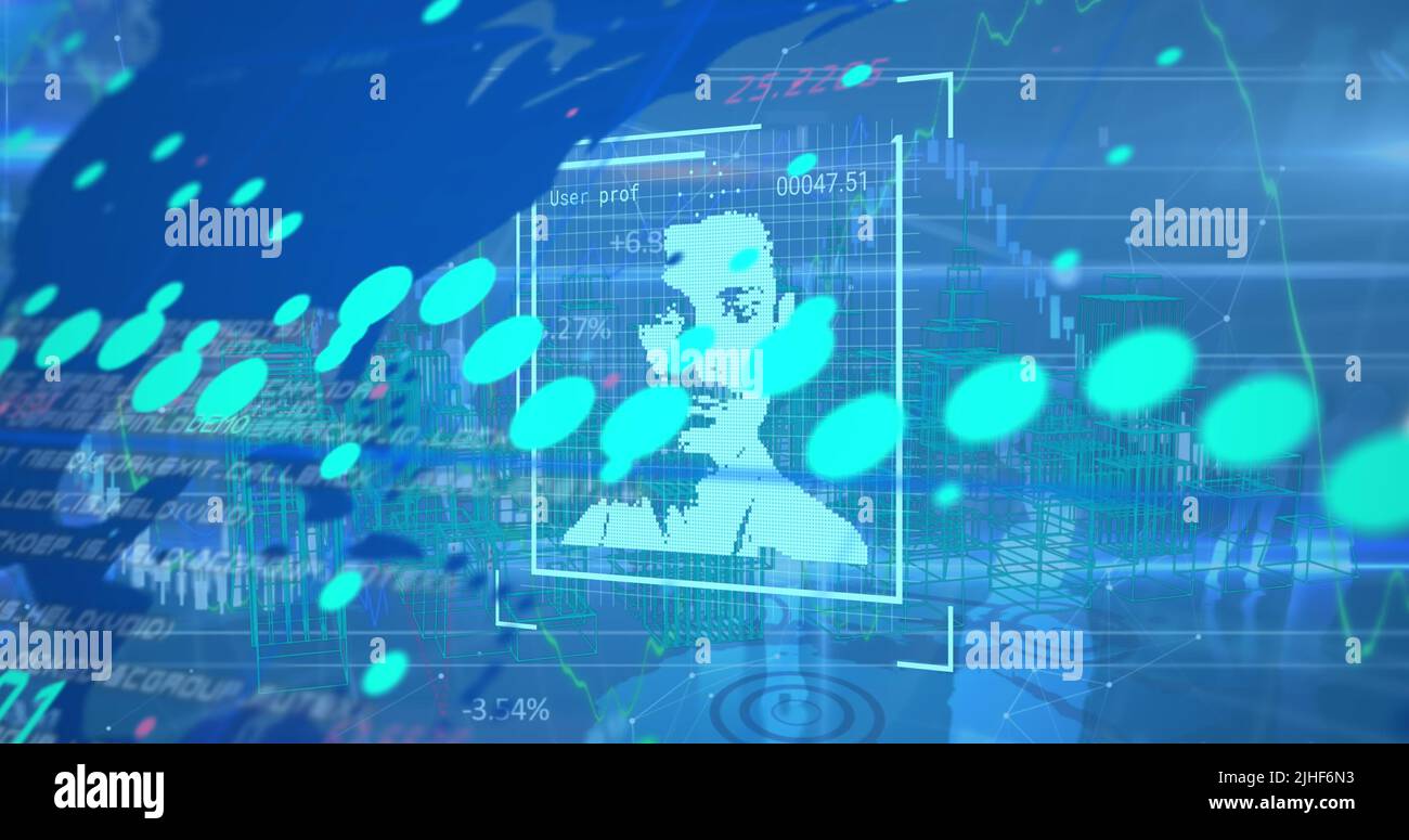 Image of data processing with people portraits on blue background Stock Photo