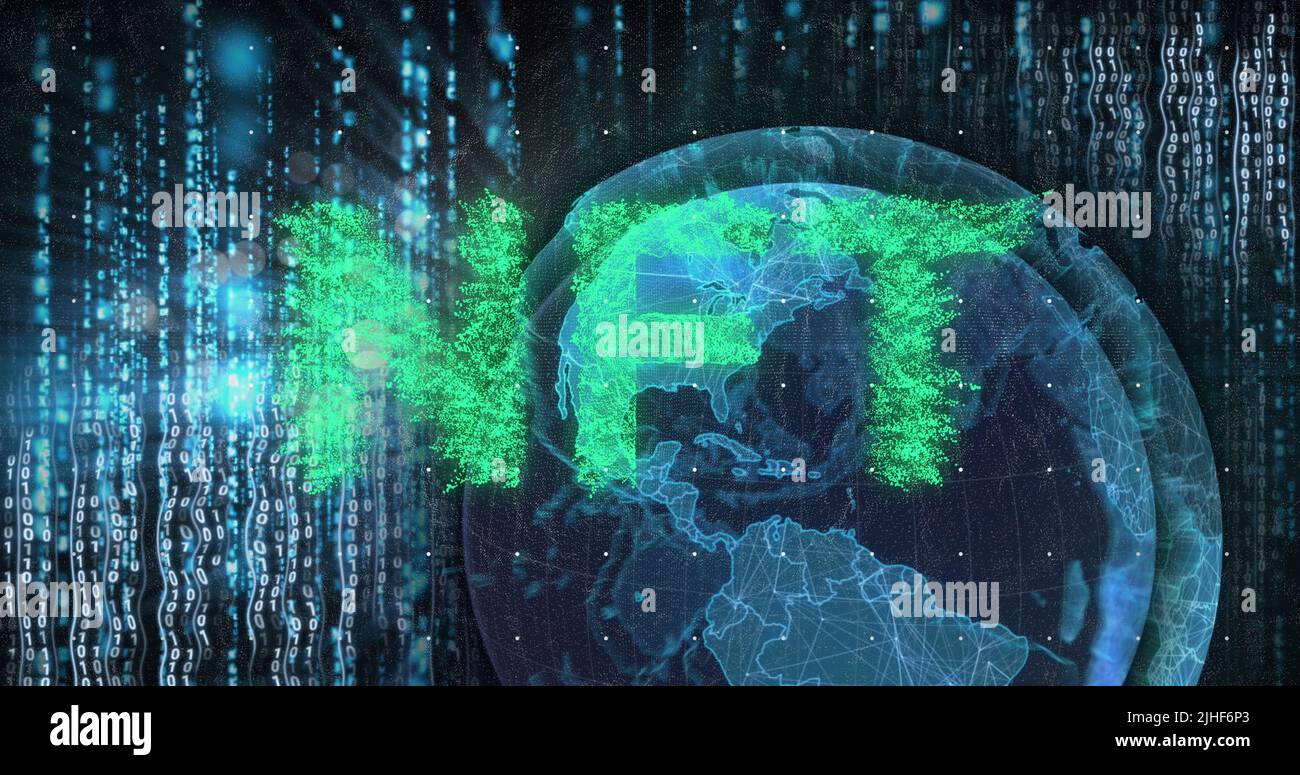 Image of nft text over globe and data processing Stock Photo