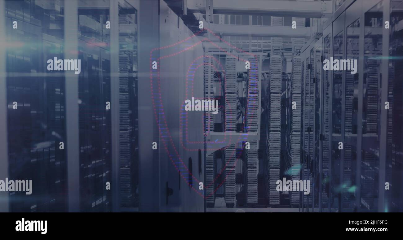 Image of data processing and padlock icon over server room Stock Photo ...
