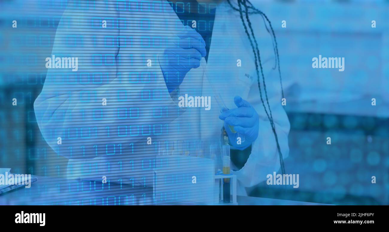 Image of data processing over biracial female scientist in lab Stock Photo