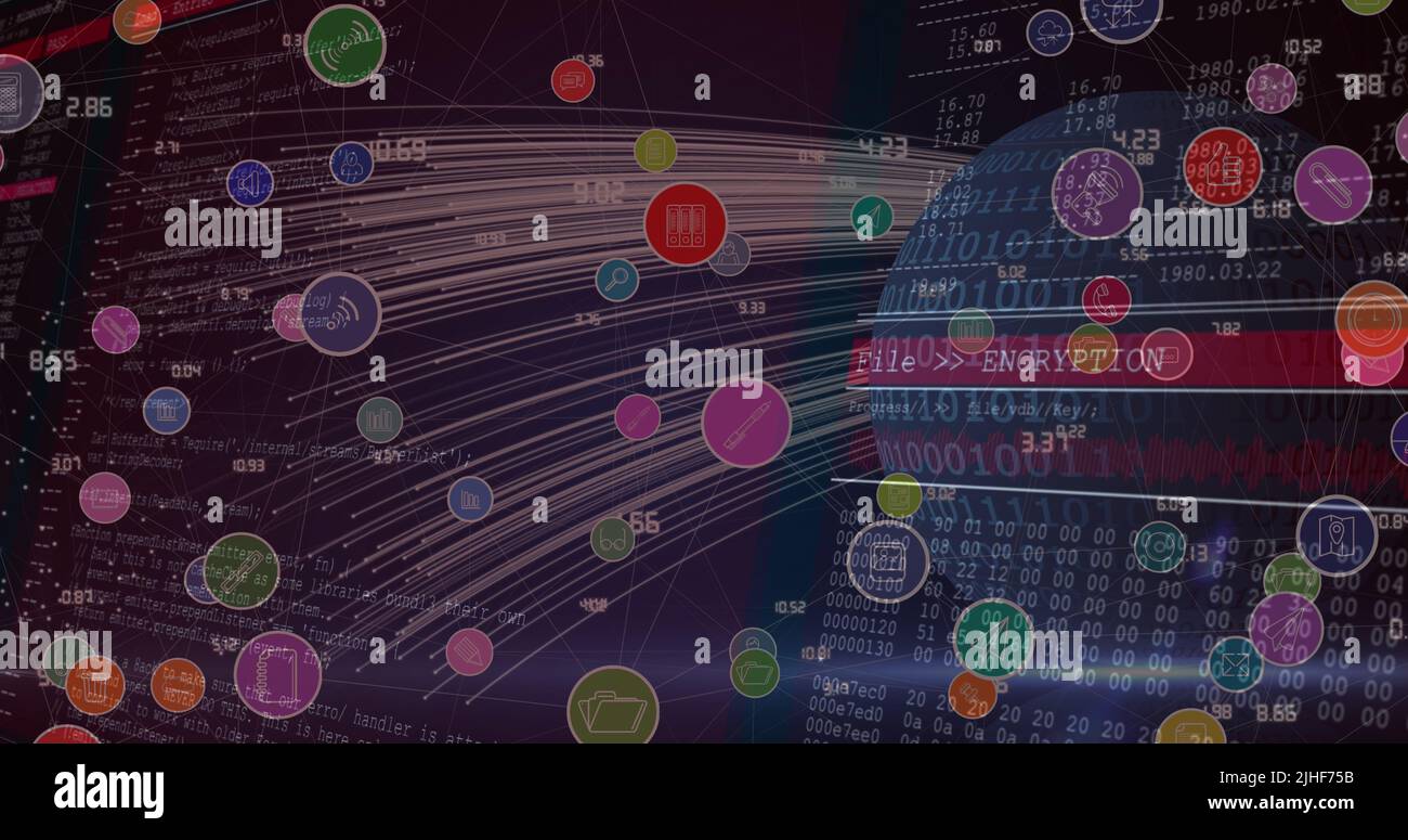 Image of network of connections with icons over globe and data ...
