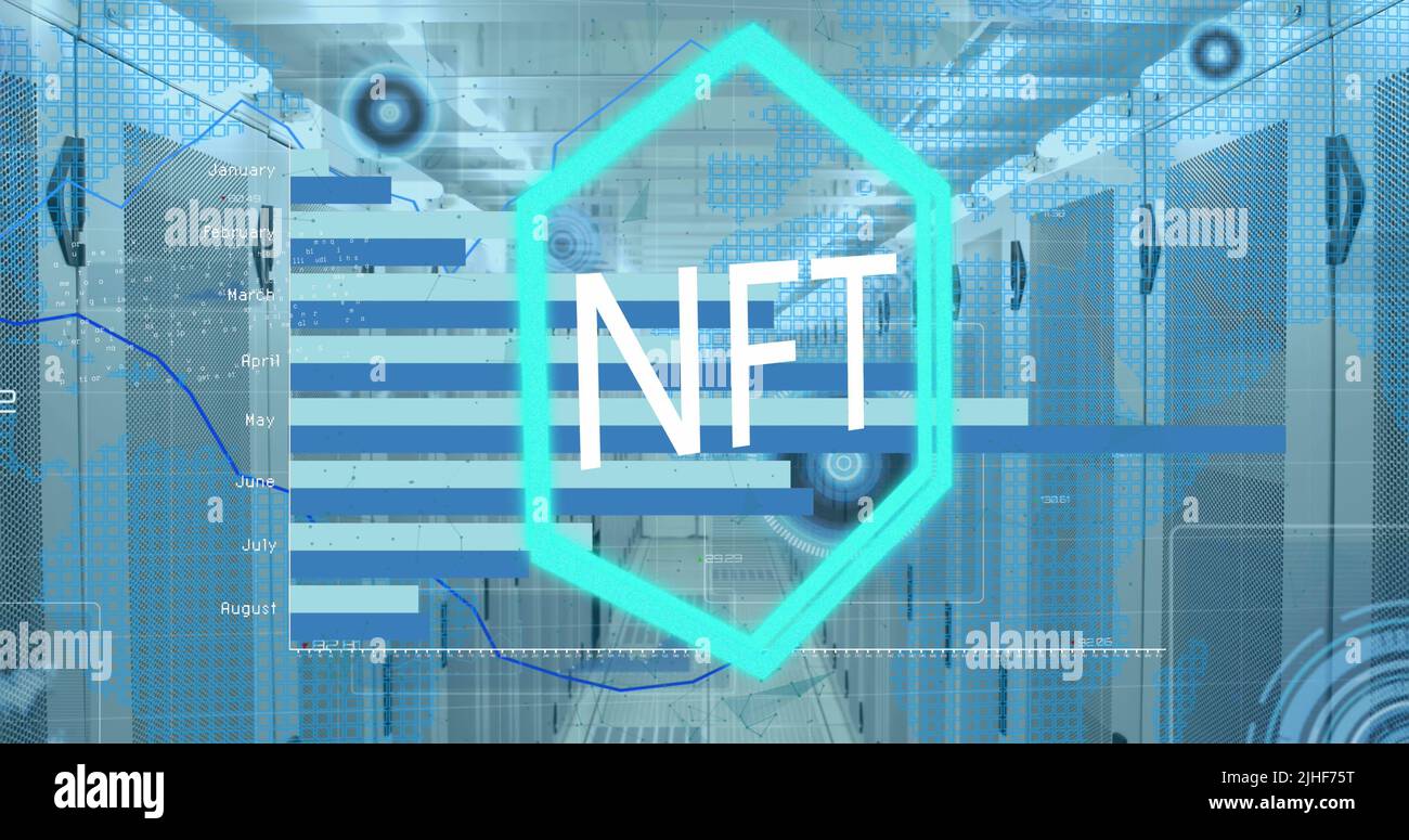 Image of nft text over financial data processing and server room Stock Photo