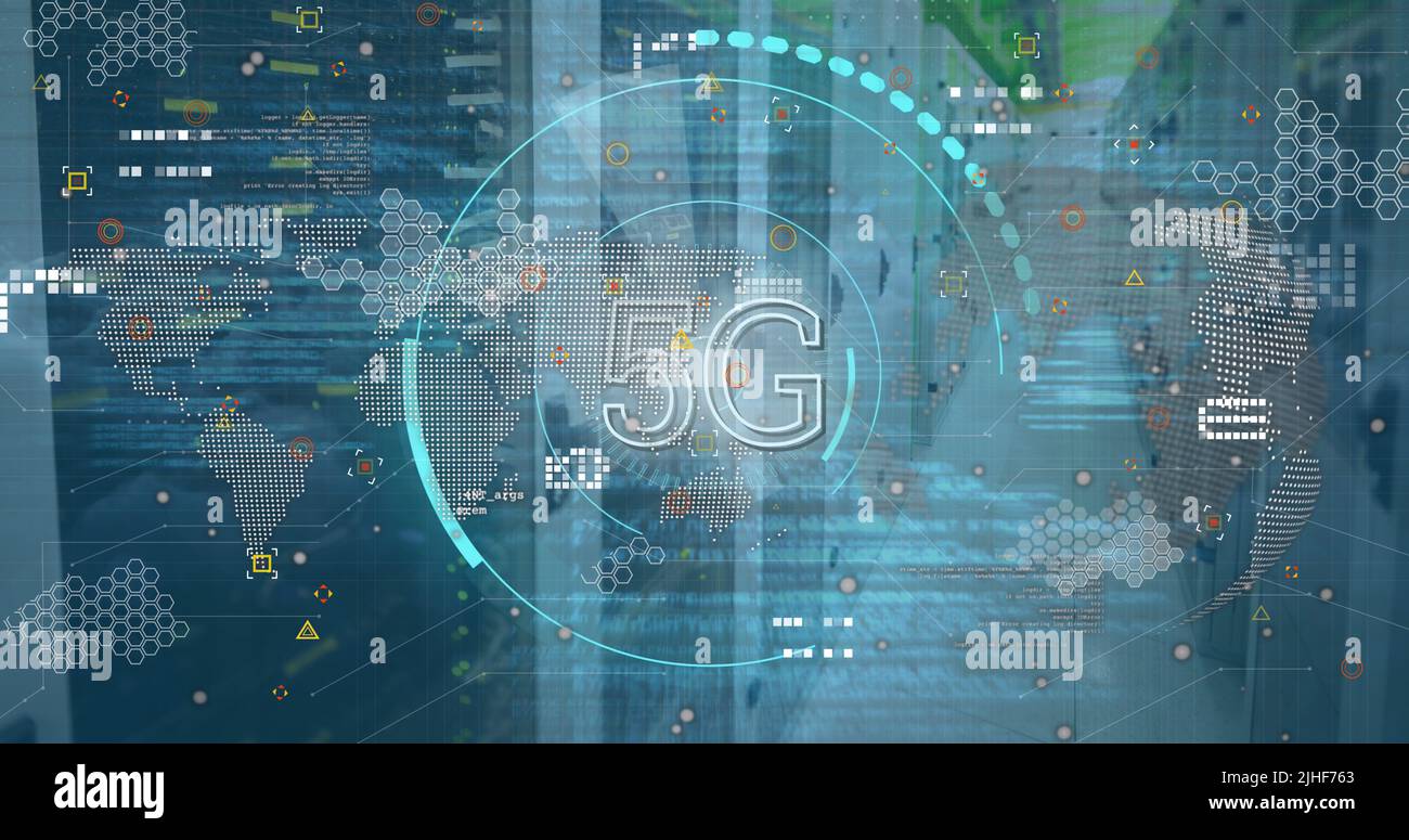 Image of scope scanning with 5g over data processing with globe and server room Stock Photo