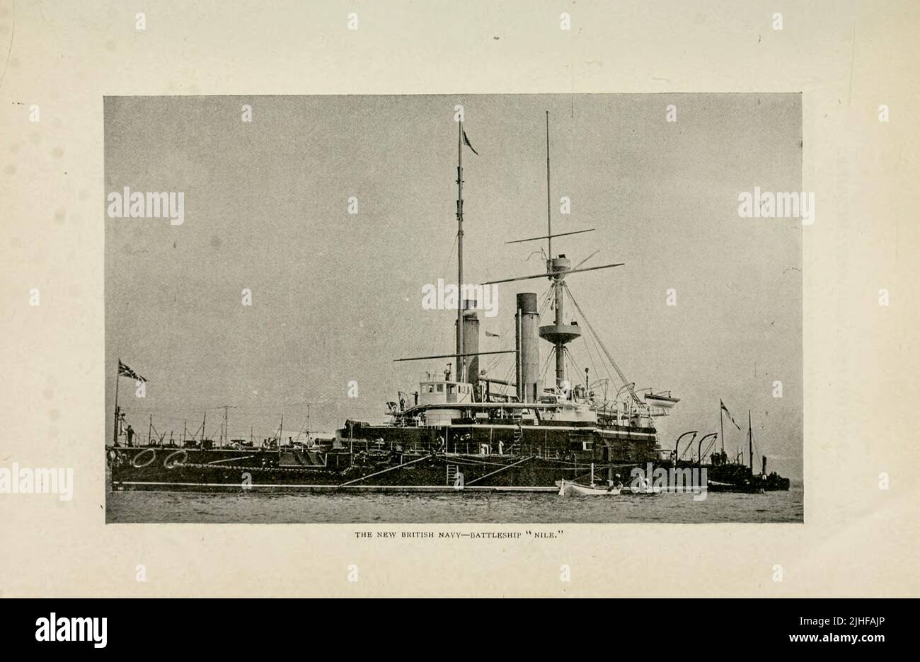 The New British Navy Battleship HMS Nile 1888 was one of two Trafalgar-class ironclad battleships built for the Royal Navy during the 1880s. Late deliveries of her main guns delayed her commissioning until 1891 and she spent most of the decade with the Mediterranean Fleet. Nile returned home in 1898 and became the coast guard ship at Devonport for five years before she was placed in reserve in 1903. The ship was sold for scrap in 1912 and broken up at Swansea, Wales. from an article ' SHIPS OF THE NEW BRITISH NAVY ' by W. Laird Clotvcs from Factory and industrial management Magazine Volume 6 1 Stock Photo