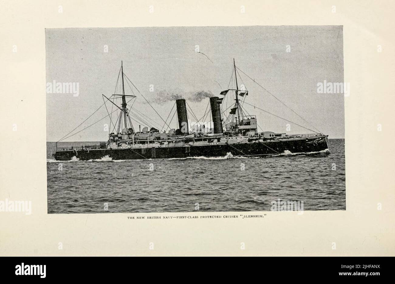 The New British Navy First Class Protected Cruiser HMS Blenheim 1890 was a Blake-class first class protected cruiser that served in the Royal Navy from 1890 to 1926. She was built by Thames Ironworks & Shipbuilding Company at Leamouth, London. The ship was named after the Battle of Blenheim. from an article ' SHIPS OF THE NEW BRITISH NAVY ' by W. Laird Clotvcs from Factory and industrial management Magazine Volume 6 1894 Publisher New York [etc.] McGraw-Hill [etc.] Stock Photo