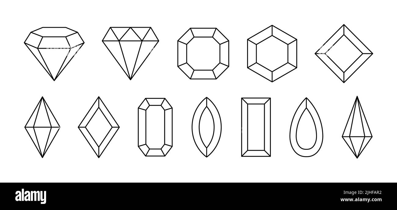 Set of simple geometric gem stones. Jewelry crystals shapes in linear style. Vector illustration. Stock Vector