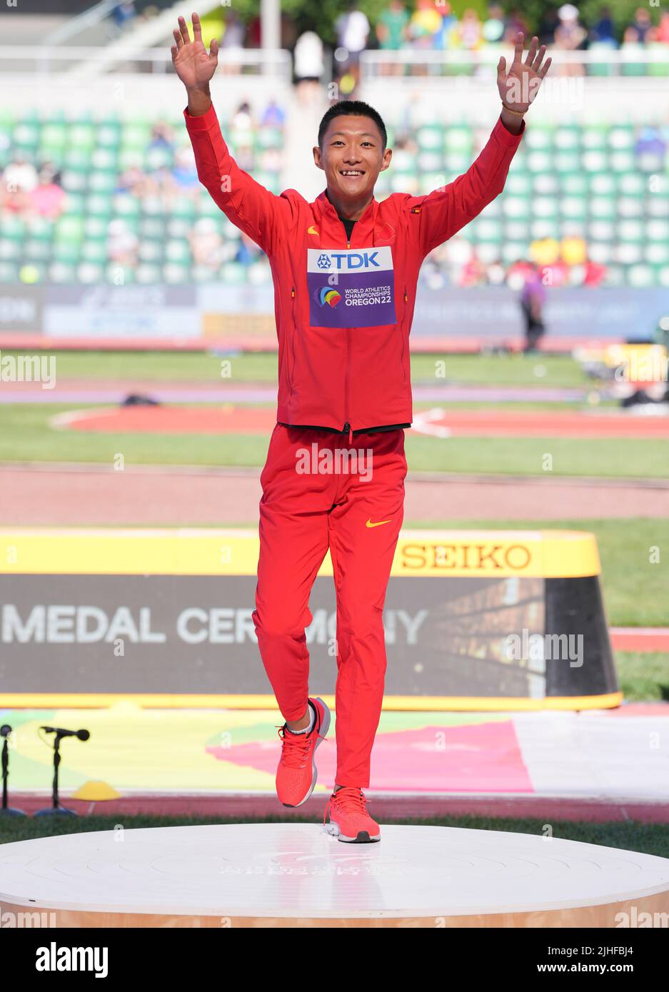 Eugene, USA. 17th July, 2022. Gold medalist Wang Jianan of China celebrates on the podium during the medal ceremony for the men's long jump event at the World Athletics Championships Oregon22 in Eugene, Oregon, the United States, July 17, 2022. Credit: Wu Xiaoling/Xinhua/Alamy Live News Stock Photo