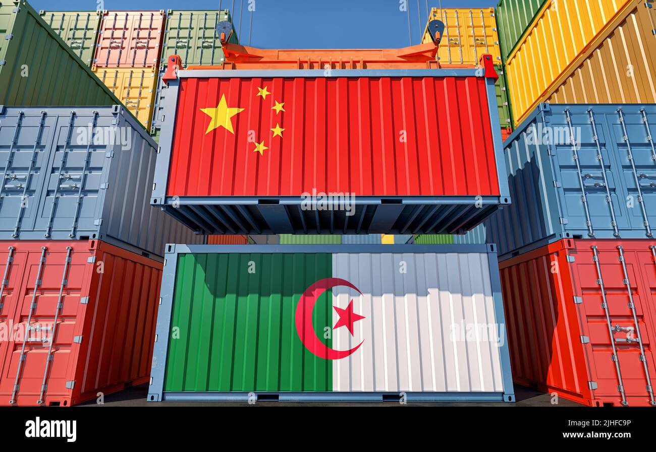 Cargo containers with China and Algeria national flags. 3D Rendering Stock Photo