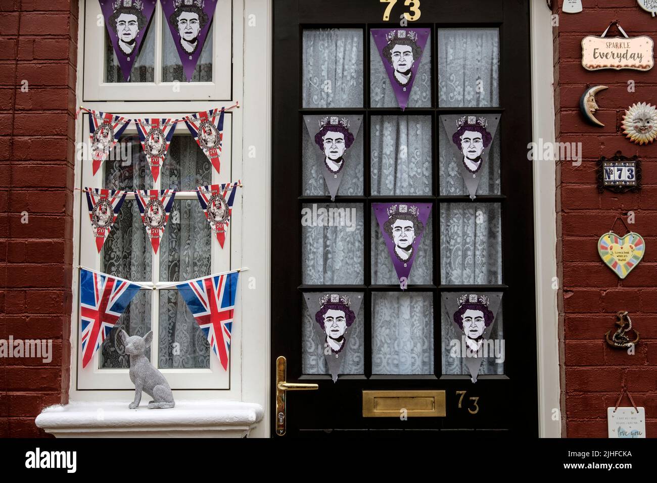 Street decorations and party on Queens Platinum Jubilee in London in June 2022 Stock Photo