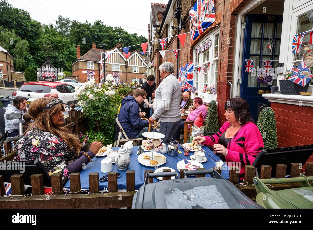 Street decorations and party on Queens Platinum Jubilee in London in June 2022 Stock Photo