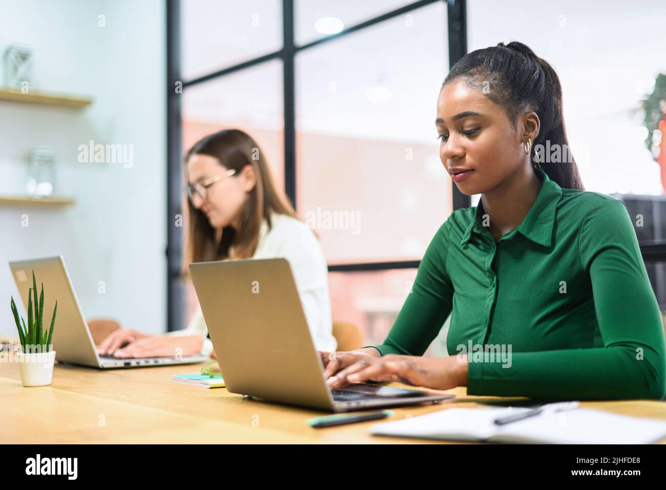 Two female colleagues using laptops sitting at the desk in modern open ...
