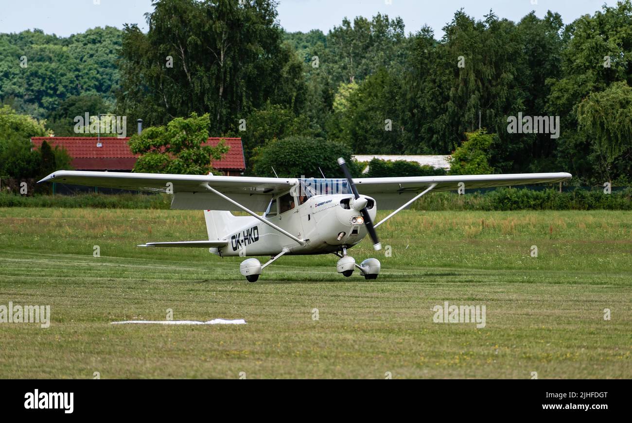 Breclav, Czech Republic - July 02, 2022 Aviation Day. Cessna 172N light recreational aircraft during take-off at Breclav Airport Stock Photo